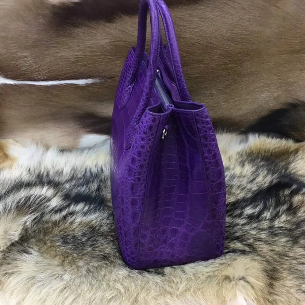 100% genuine real crocodile leather belly skin women tote handbag purple color matt luxury quality crocodile skin handbag