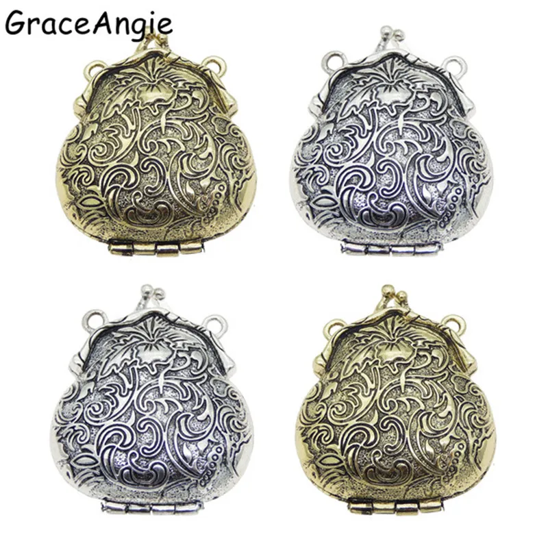 (2piece)Mix Silver Color Bronze Tone Ancient Purse Locket Alloy Charm Pendants 54*44mm OpenClose Top Jewelry Lover Gift 52609