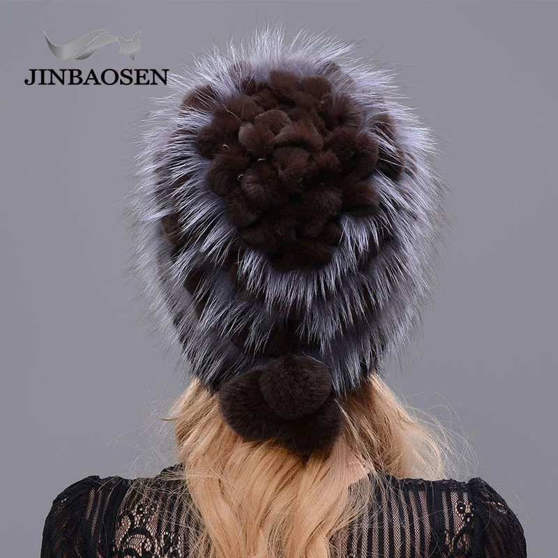 JINBAOSEN Woman Winter Fur Fashion Real Fur Hat Mink Fur Rabbit Natural Fox Knit Wool Ski Hat Warm Ear Protection Travel Hat