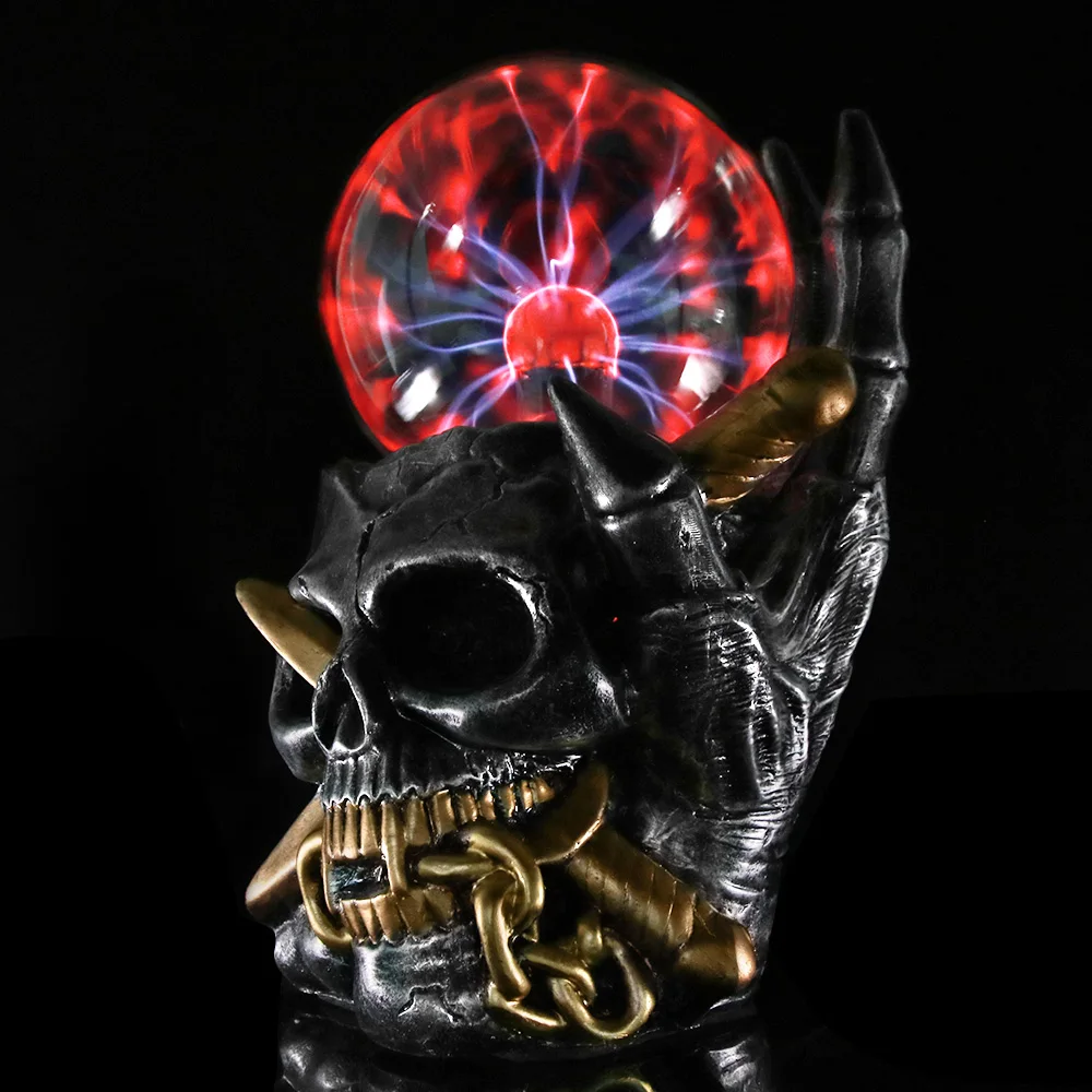 Viking Skull With Dagger Through Statue Figurine Electric Thunder Touch Sense Plasma Ball Lightning Skeleton Head Sculpture