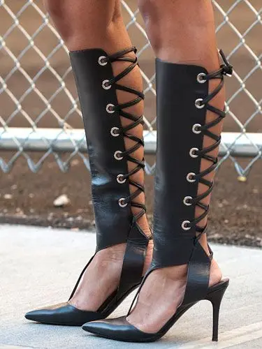 Western sexy black summer leather boots woman pointed toe hallow out cross tied sandals thigh high heel botas feminina shoes