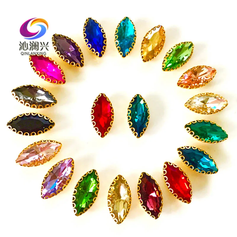 7x15mm 30pcs/bag Horse Eye Shape Glass Crystal Sew-on Rhinestones, Golden Base Lace Claw Stone, Diy/Clothing Sewing Accessories