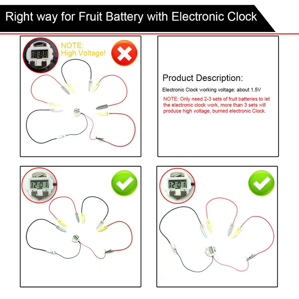 Kit de experimentos de ciencia con batería de frutas, reloj electrónico y LED RGB para bricolaje, juguete de enseñanza en casa, proyecto de ciencia