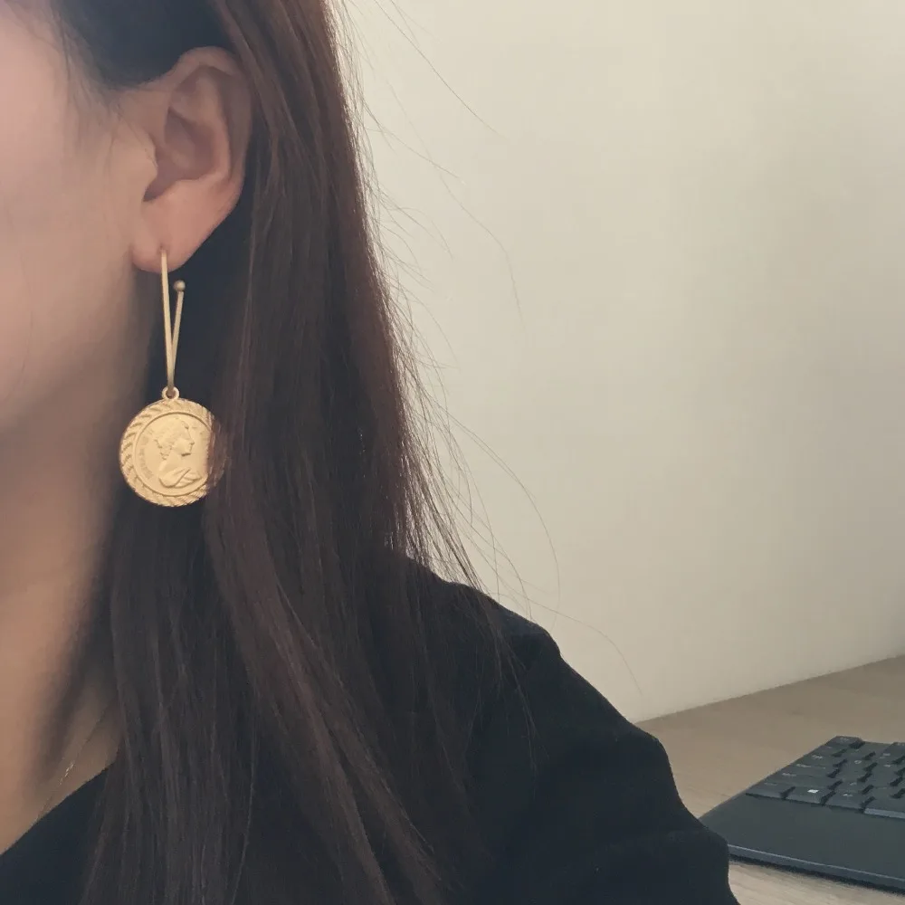 TRENDY EARRINGS   GOLD COLOR PLATING COIN MEDALLION DROP EARRING FOR WOMEN GIRL
