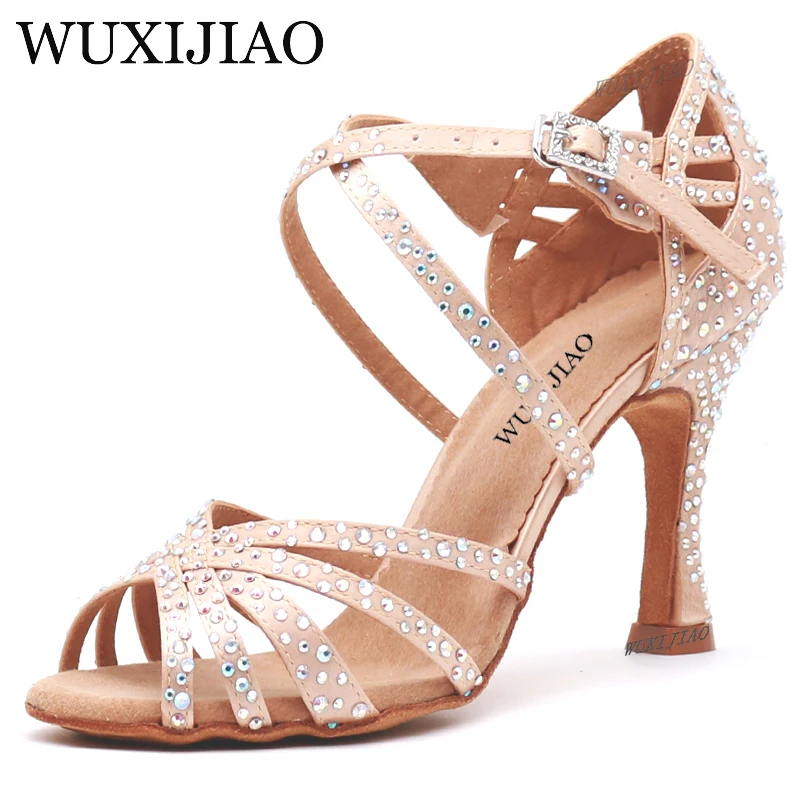 WUXIJIAO Sepatu Dansa Pesta Wanita Satin Berlian Buatan Bersinar Bawah Lembut Sepatu Dansa Latin Wanita Sepatu Dansa Salsa Heel5CM-10CM