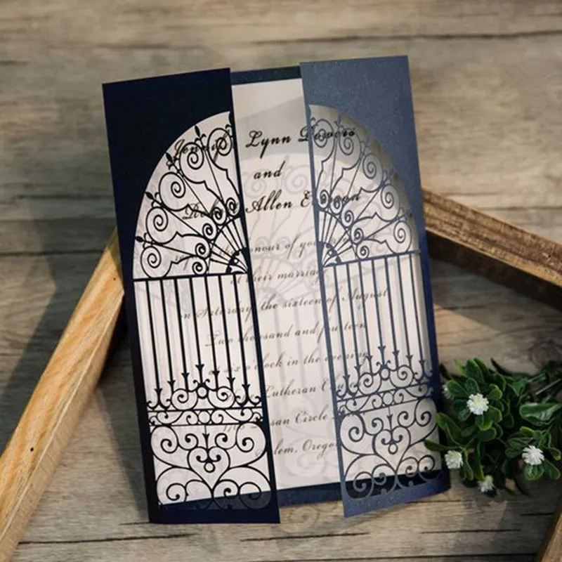 Laser Cut Invitation Wedding Announcement Navy Blue Retro Invite Card Personalized Printing 50 Sets