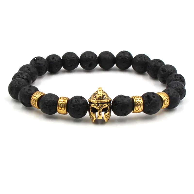 Gold Color Roman Knight Spartan Warrior Gladiator Helmet Bracelet Men Black stone Stone Bead Bracelets For Men Jewelry