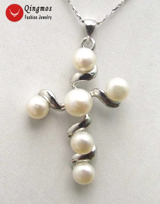 

Qingmos 40*30mm Silver Plated Cross Pendant for Women with 6-8mm White Natural Freshwater Pearl Pendant Jewelry Pen209 Free Ship