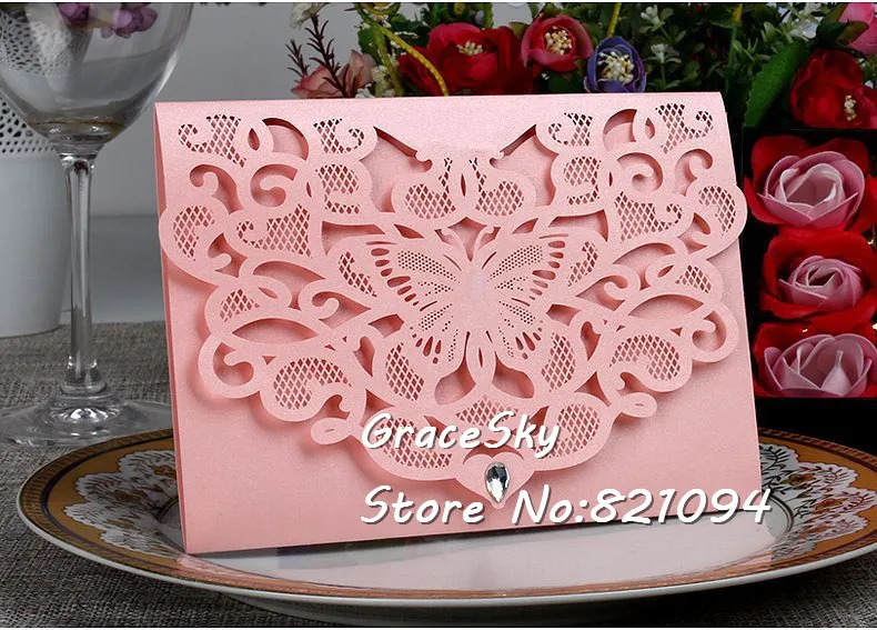 50pcs/lot free shipping Laser die cut 2017 new Butterfly design wedding invitation cards Text customized RSVP party invitation