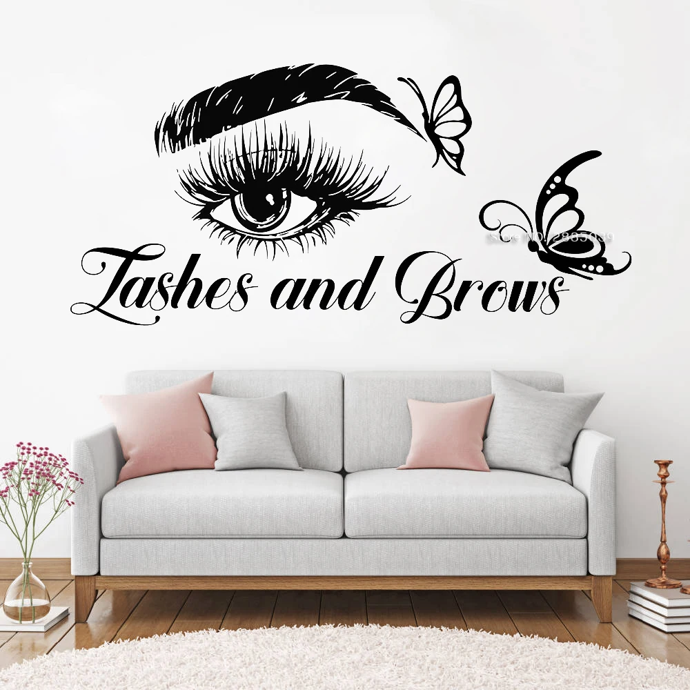 Lashes And Brows Text Eyelash Decals Wall Decor Eyelashes Salon Murals Butterfly Lashe Wall Stickers Studio Decoration LC1359