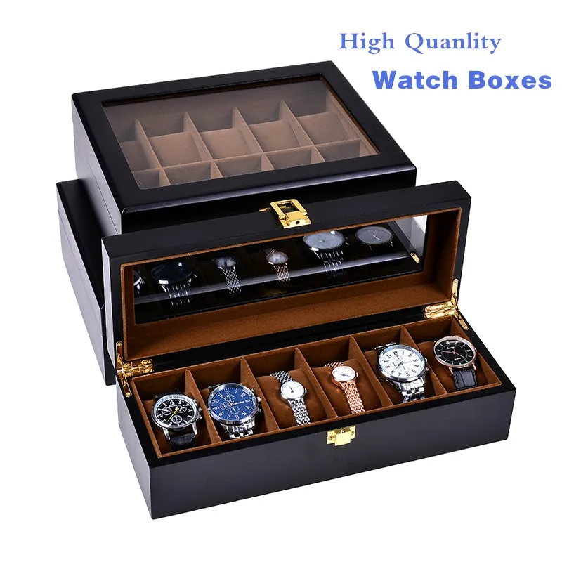 European Black Watch Boxes Case Wood And Leather Mechanical Watch Organizer New Watch Display Gift Case Jewelry Storage Holder