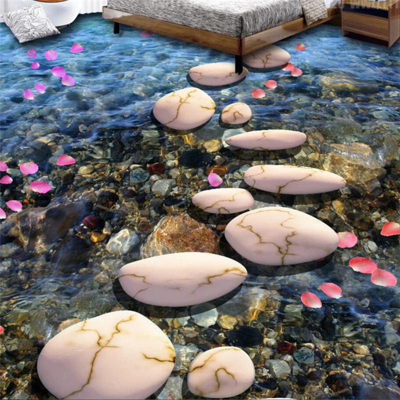 wellyu Custom 3D flooring stickers River stone bathroom Plastic film tiles Can be Self-adhesive living room bedroom flooring