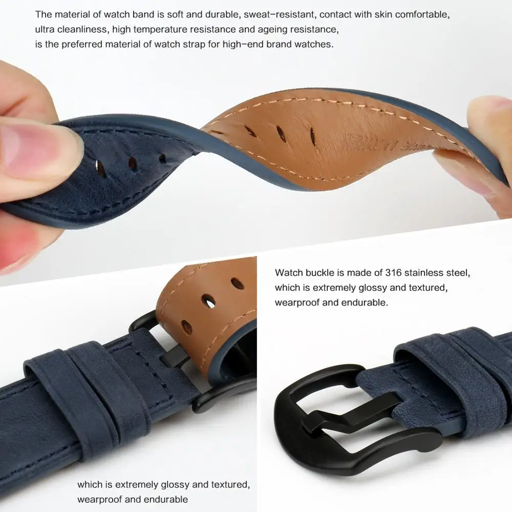 MAIKES Hight Quality Genuine Cow Leather Watch Strap Accessories Blue 22mm 24mm Men Women Business Watch Band