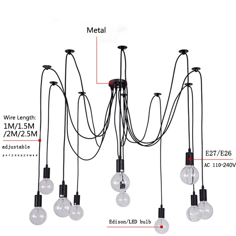 Modern large spider ceiling chandelier E27 black retro chandelier, DIY shape dining room living room bedroom hotel lamps