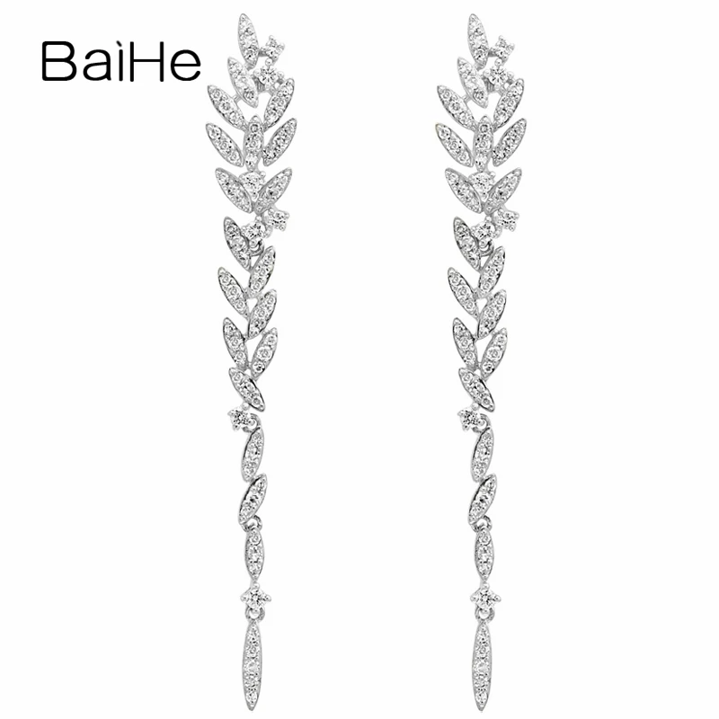 

BAIHE Real Solid 14K White Gold Natural Diamond Earrings Fine Jewelry Long Leaf Stud Earrings For Women Fine Jewelry Girl Gift