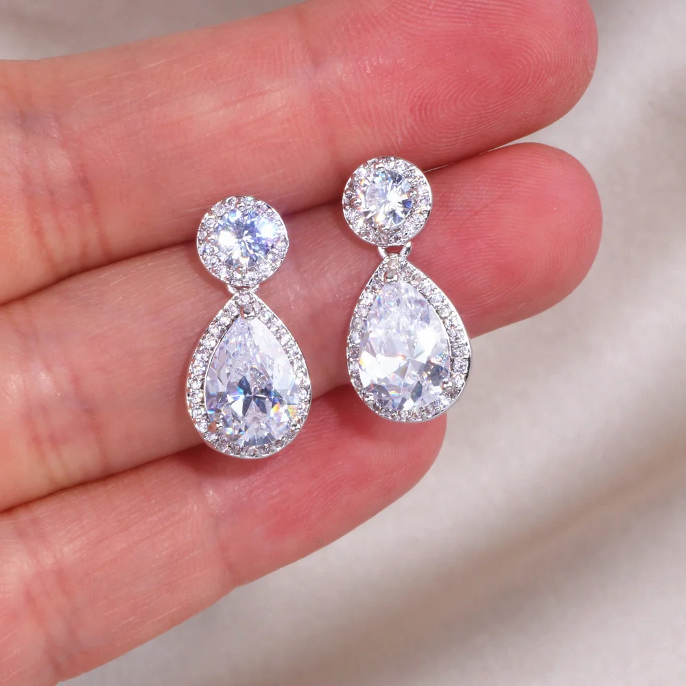 Classic Sliver Color Water Drop Shaped Cubic Zirconia Crystal Earrings For Women Romantic Wedding Jewelry For Brides Bridesmaid