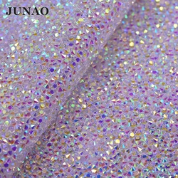 JUNAO 24*40cm Transparent AB Rhinestone Mesh Fabric Resin Crystal Trim Ribbon Strass Applique for Clothes Jewelry Decoration