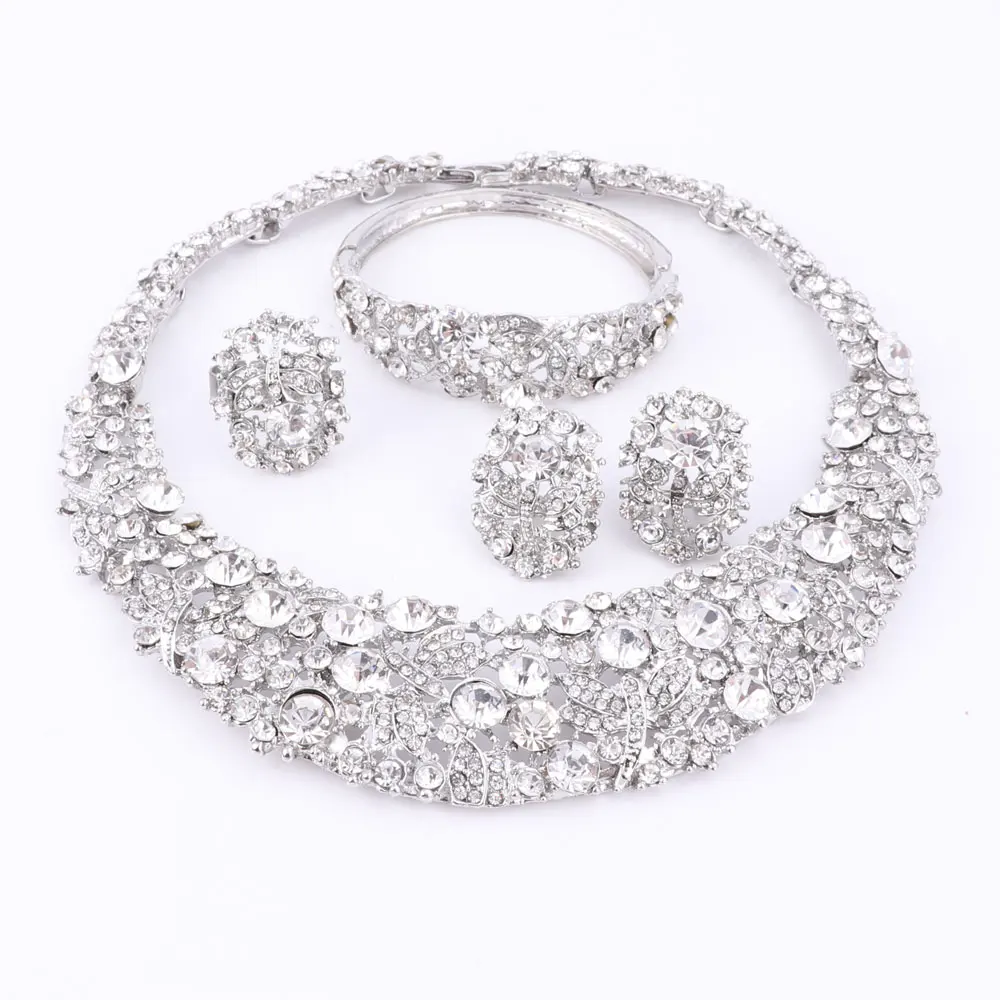 Women white crystal jewelry sets with earrings statement necklace boho Trendy necklace for party wedding  Direct Selling