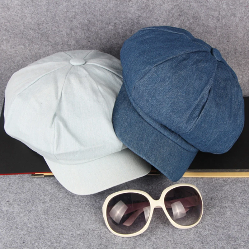 HT1618 Western Style Men Women Caps Hats Casual Solid Denim Flat Caps Painter Artist Octagonal Beret Caps Retro Berets