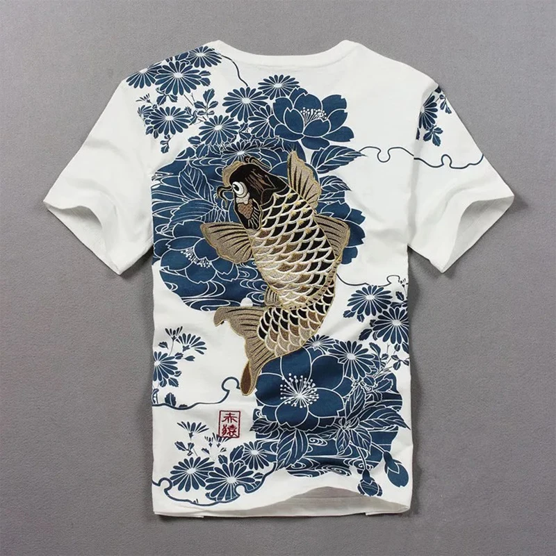 Supzoom New Arrival Fashion Knitted Hot Sale Chinese style Embroidery With Short Carp Tattoo O-neck Cotton Casual T Shirt Men