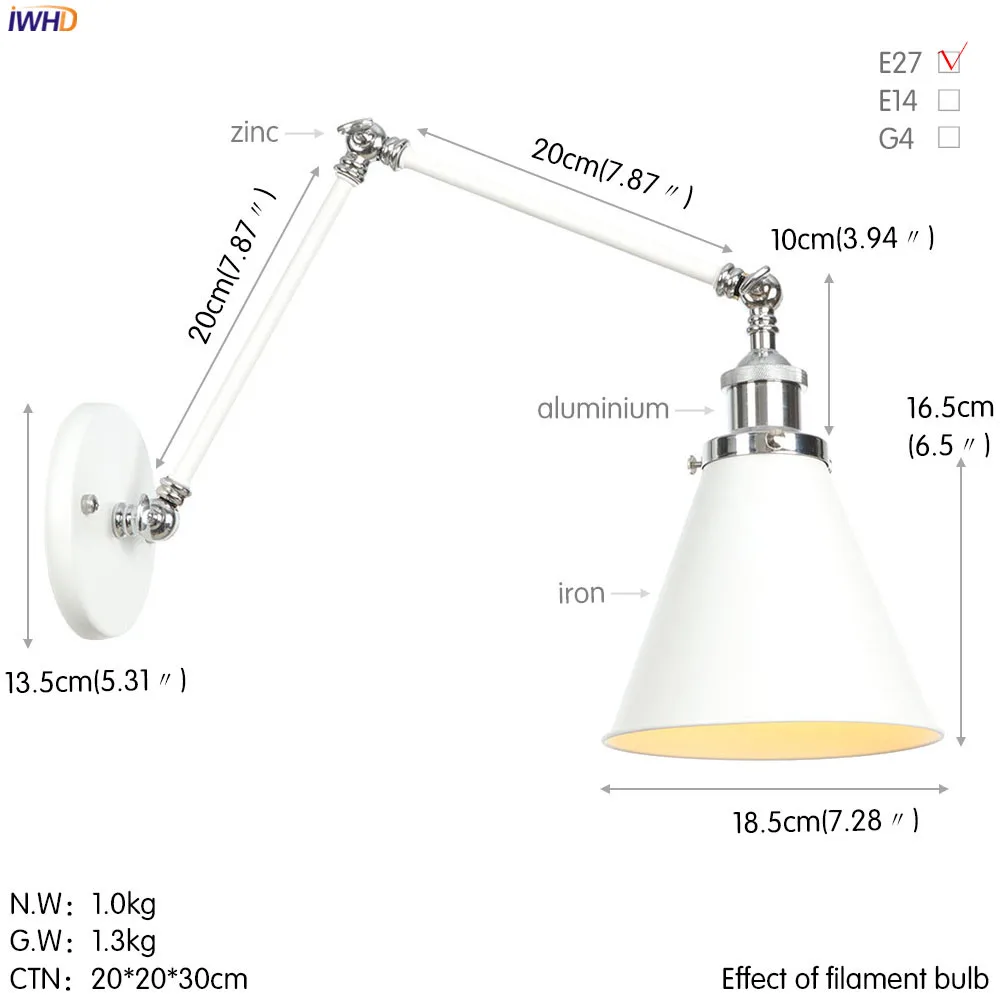 IWHD Adjustable Loft Style Retro LED Wall Lights Fixtures Wandlampen Industrial Edison Wall Sconce Applique Murale Luminaire