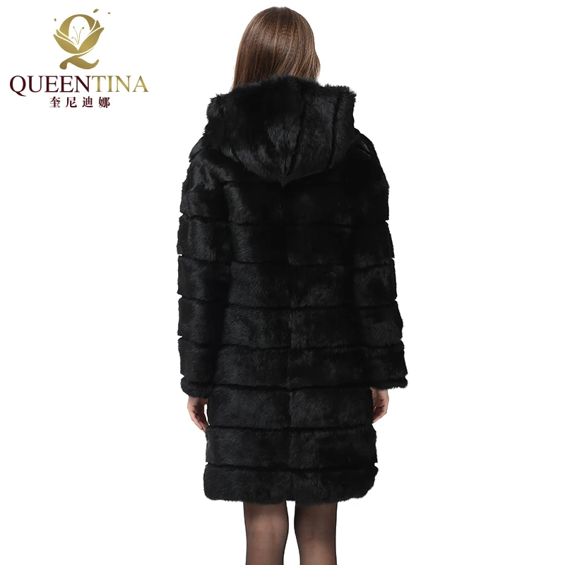 QUEENTINA Neue Winter Echt Kaninchen Fell Jacke Schwarz Dicke Warme Weiche Frauen Weihnachten Outwear Volle Pelt Natürliche Pelz Mäntel