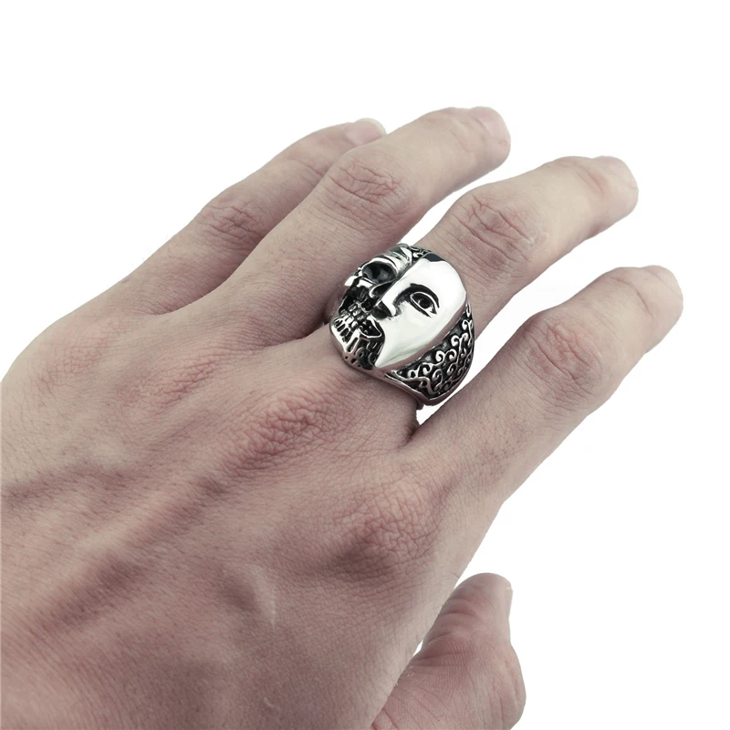 Elfasio Mens Gothic Half Skull/Face 316L Stainless Steel Punk Biker Ring Wholesale jewelry