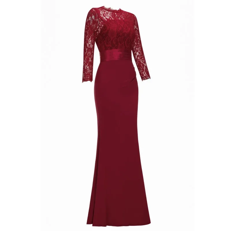 Elegant Long Sleeve Mermaid Evening Dresses 2022 Scoop Neck Burgundy Black Lace Trumpet Evening Party Gown Women Vestidos Noche