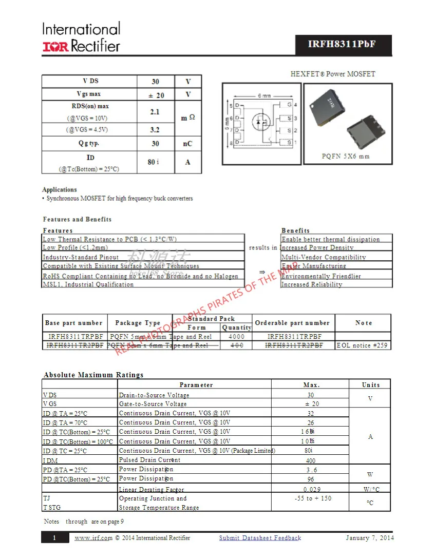 5pcs/lot IRFH8311PBF  IRH8311 H8311 QFN In Stock