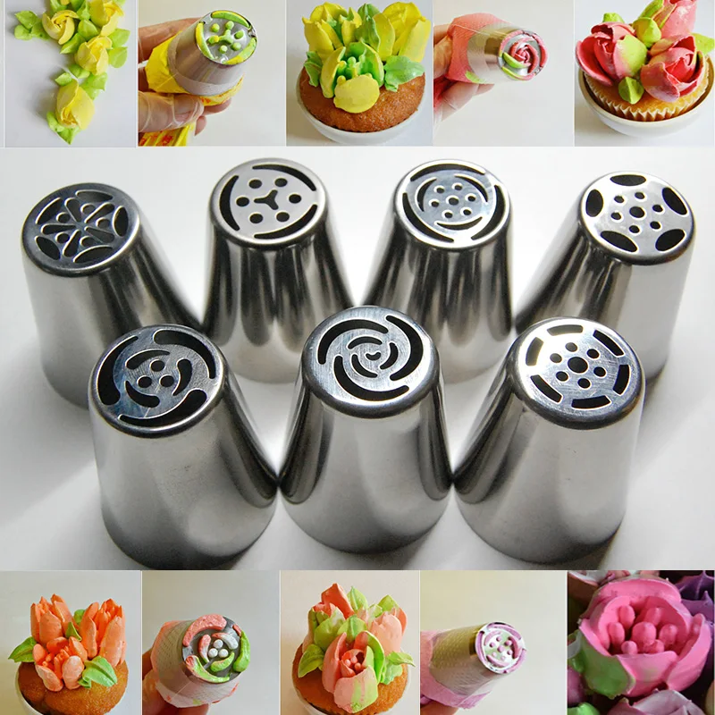 

7PCS Stainless Steel Nozzles Russian Tulip Icing Piping Pastry Decorating Tips Cake Cupcake Decorator Rose Kitchen Accessories