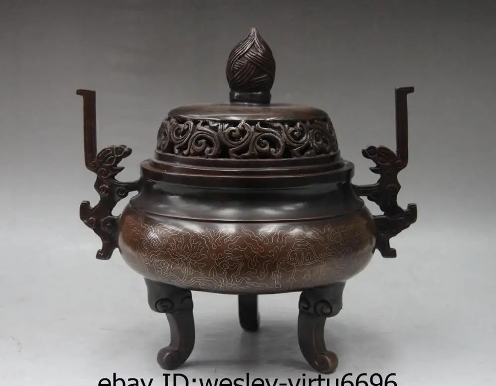 13Royal Palace Old Red Copper Inlay Silver Silk Incense burner Censer Monastery