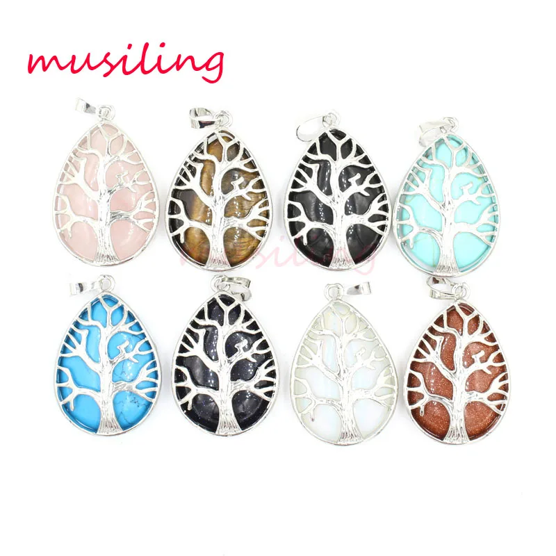 

Life Tree Pendants Pendulum Water Drop Silver Plated Natural Stone Reiki Charms Wicca Amulet Fashion Jewelry for Women 10pcs