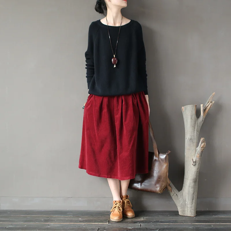 

2022 autumn/winter Mori girl retro women's cotton corduroy skirts Pleated loose Elastic waist Knee-length Vintage Spring Skirts