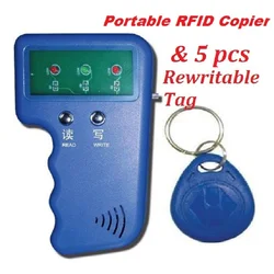 Dispositivo programador portátil de 125khz rfid id em4100, leitor de cartão e gravador duplicador, dispositivo + 5 gratuitos em4305 t5577 etiqueta regravável