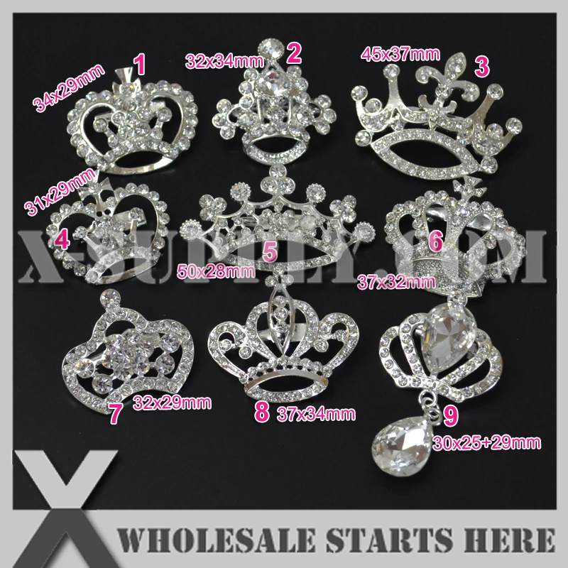 (20pcs/lot) Silver Crown Metal Rhinestone Embellishments Brooch for Wedding Invitation,Party Decorations,Mixed 9 Designs