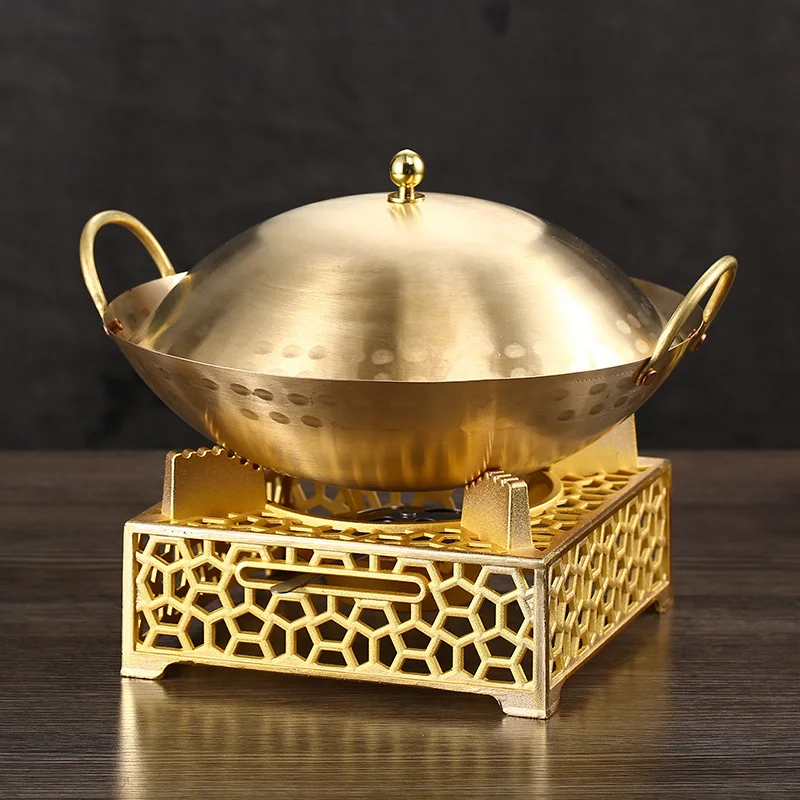 

Brass dry pot boiler alcohol stove small chafing dish dry boiler pan household solid alcohol commercial copper stew hot pot