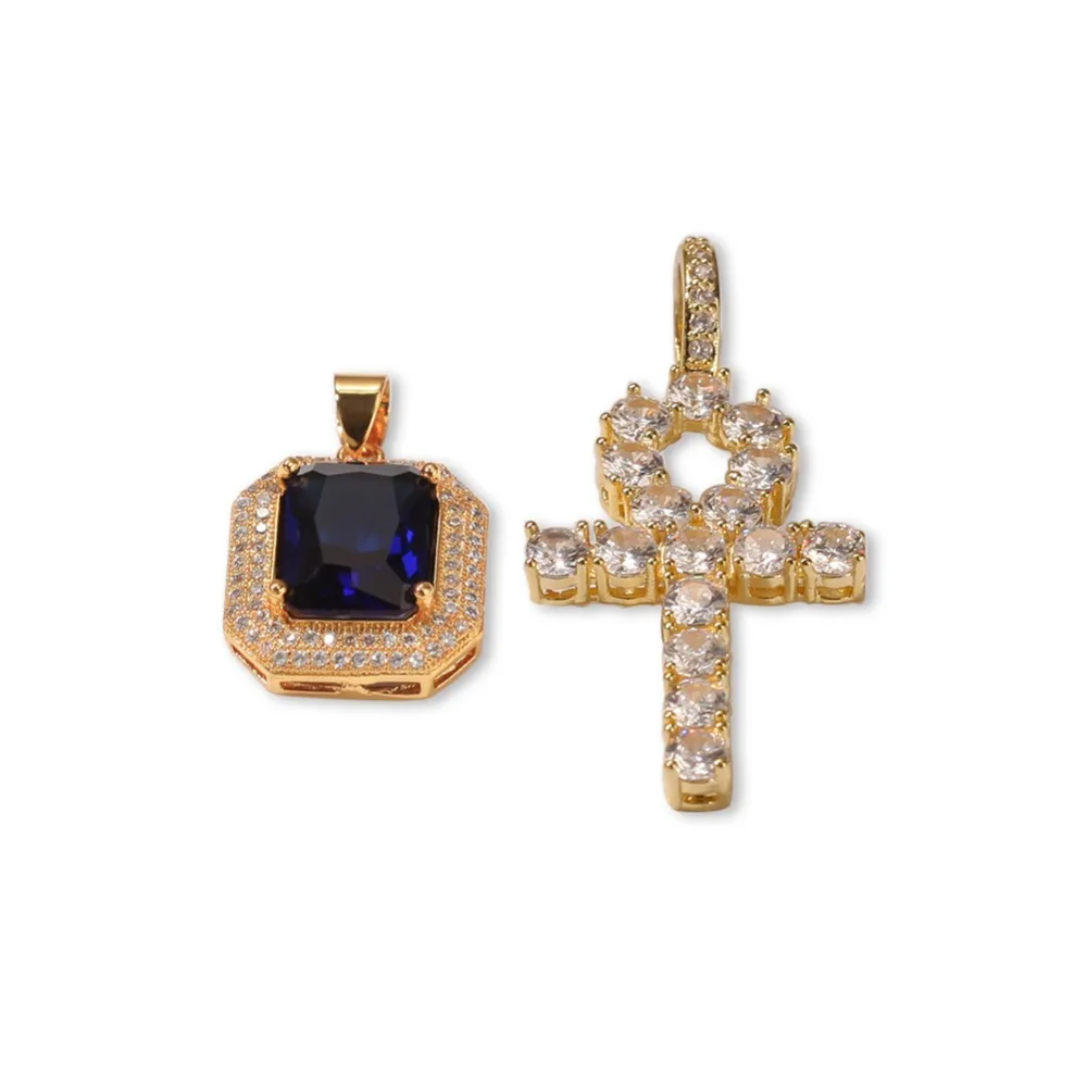 Анк Квадратный Красный Камень Два Подвески Ожерелье для Мужчин Хип-Хоп Bling Ice Out CZ Рэпер Ювелирные Изделия с 24-дюймовой кубинской цепочкой