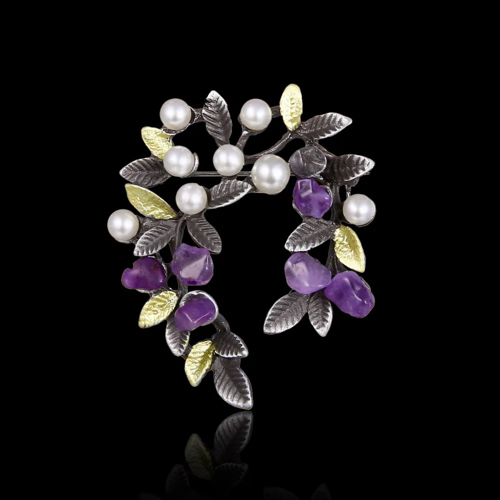 Purple Natural Stone Tree Leaf Brooches Pin Fashion Imitation Pearl Gravel Branch Women Lapel Badge Wedding Accessories Jewelry