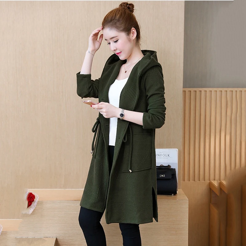 Women Large Size Spring Autumn Knit Cardigan Women Korean Version Of The Long Hooded Knit Cardigan Women Slim Wild Sweater L-5