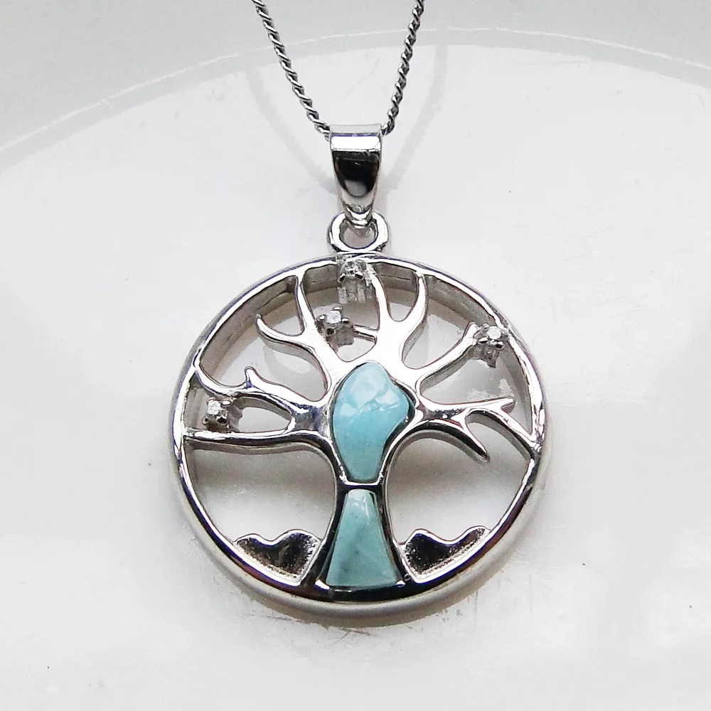 

Hot Selling 925 Sterling Silver Natural Dominca Larimar Jewelry Tree of Life Pendant Necklace For Women/ Man's Gift