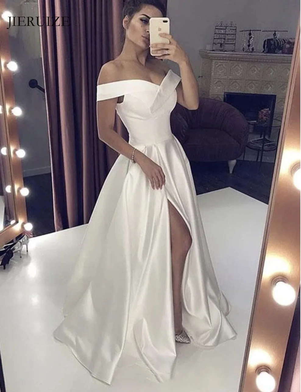 

JIERUIZE White Satin Simple Wedding Dresses Side Slit Off The Shoulder Lace Up Back Bridal Gowns Bride