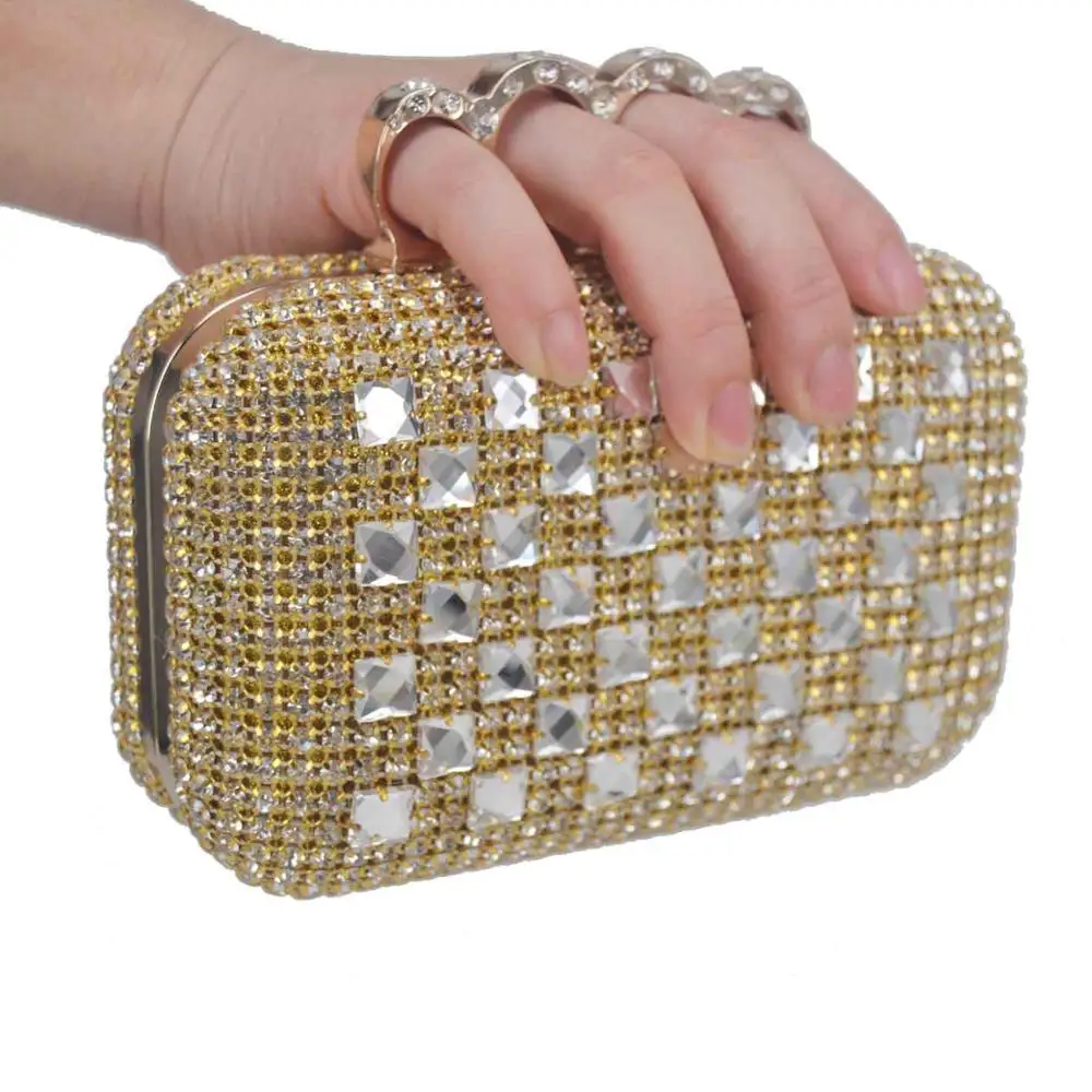 Finger ring Clutch Bags Golden Women Luxury Crystal Bags Wedding Box Bags Party Purse for Female Evening Bags