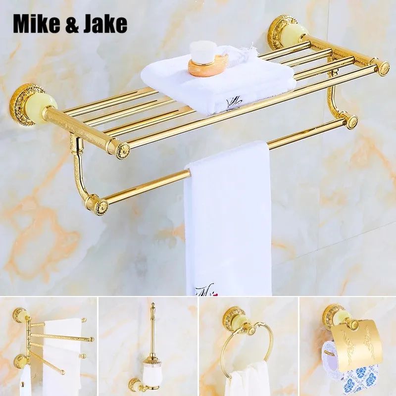 Jade golden bathroom shelf accessory golden bathroom paper holder towel ring double cup holder soap holder bathroom wall shelf