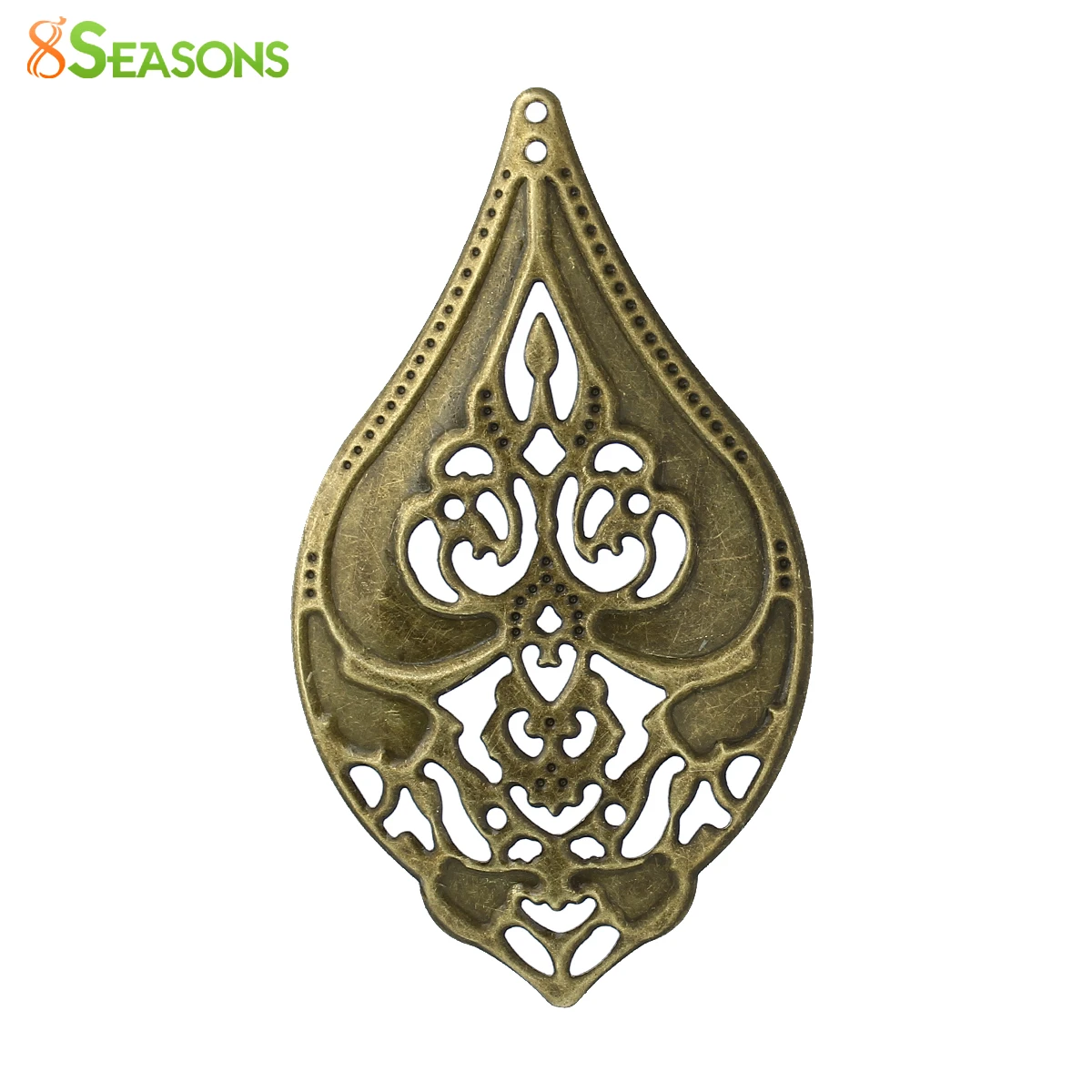 8Seasons Iron Alloy Filigree Stamping Pendants Teardrop Antique Bronze Flower Carved Hollow DIY Making Jewelry 7cm x 4cm, 50 PCs