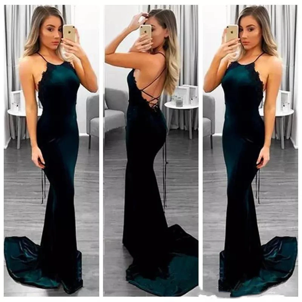 2021 Halter Slim Mermaid Lace Top Prom Dresses Criss Cross Back Sexy Junior Formal Long Vestidos De Soiree Simple Cheap