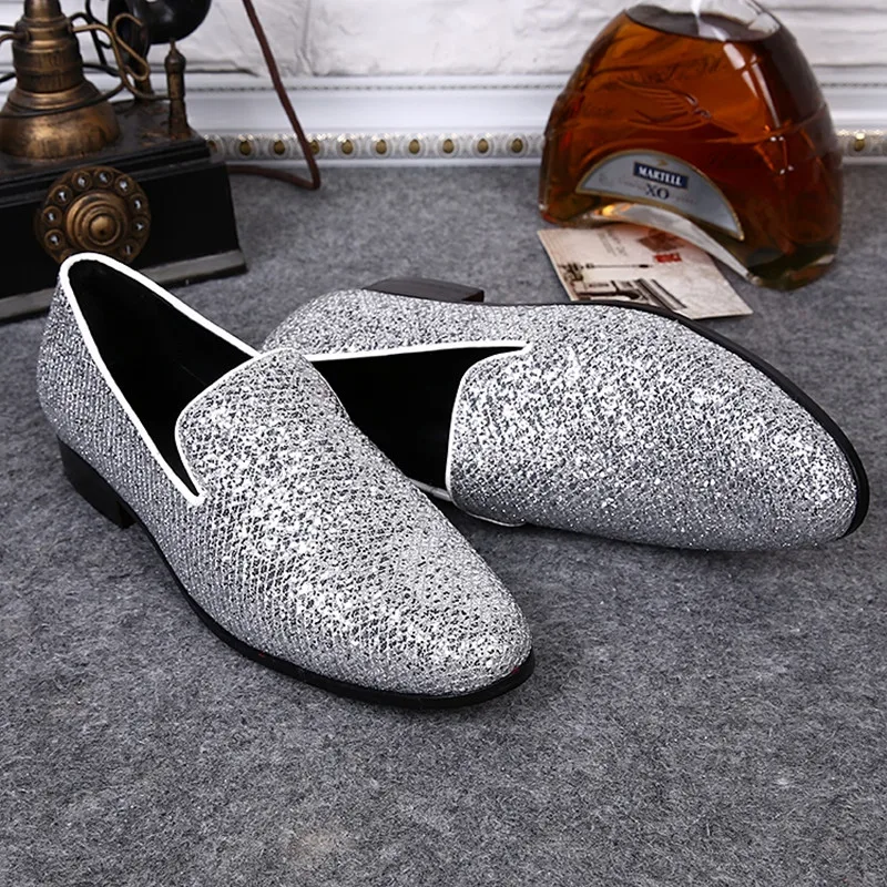 

New Silver Leather Chaussure Homme Slip On Mocassin Men Loafers Casual Flats Men Glitter Mens Wedding Shoes Flat Men Dress Shoes