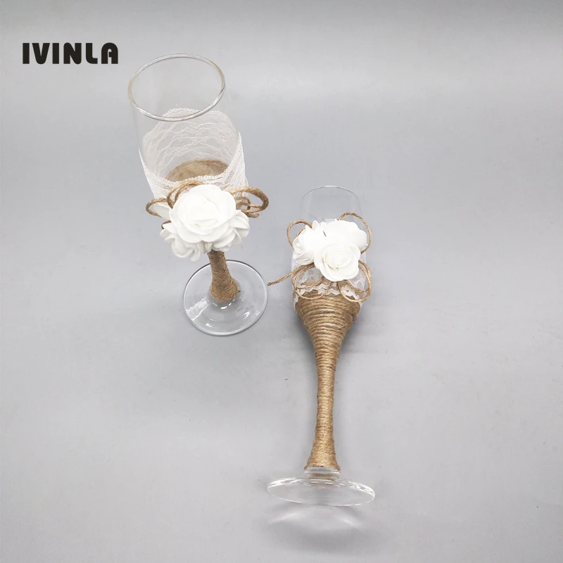 

2pcs/lot Flower jute wedding champagne glasses gift wedding toasting glasses for wedding party decoration