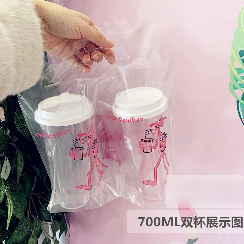 50PCS 500ML 700ML Beverage bag Coffee packing bag Double cup plastic bag Cartoon pattern takeaway drink packaging