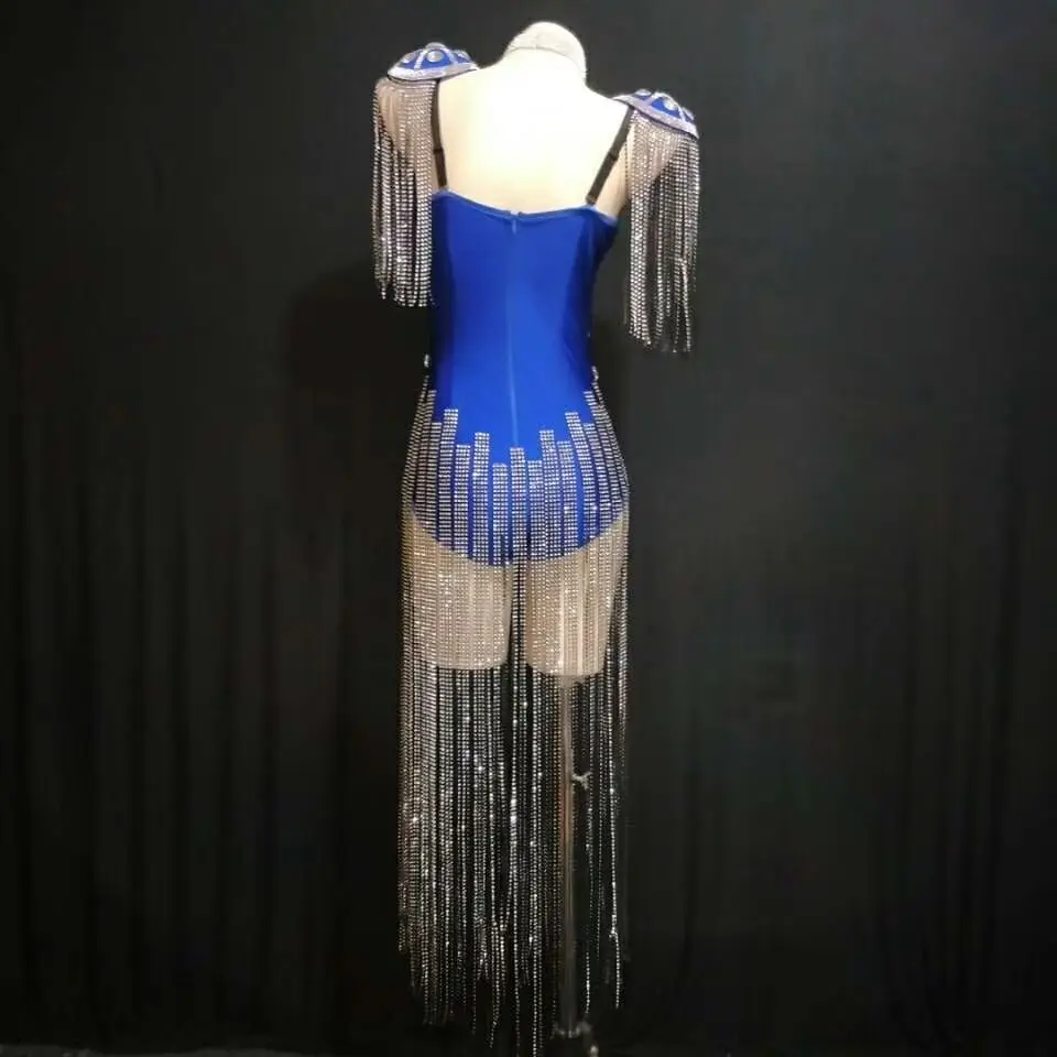 Shiny Rhinestones Tassel Epaulet Bodysuit Fringe Leotard Women Singer Dancer Group Costume Sexy Stage Wear Nightclub Performance