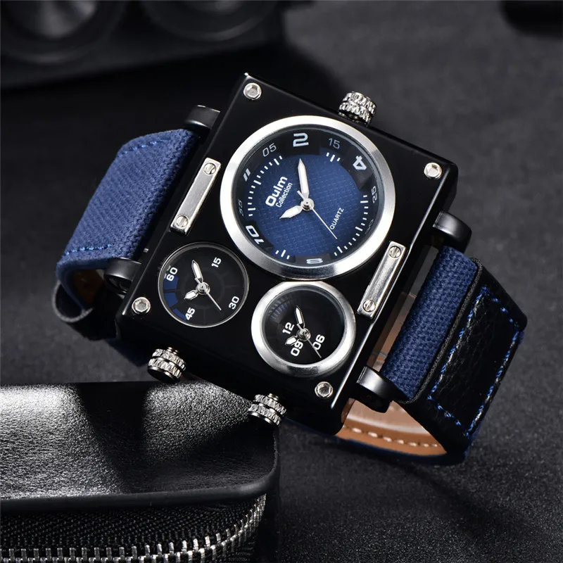 Oulm Watch Luxury Brand Man Fabric Srap Quartz-Watch Clock Male Multiple Time Zones Square Sports Watches erkek kol saati